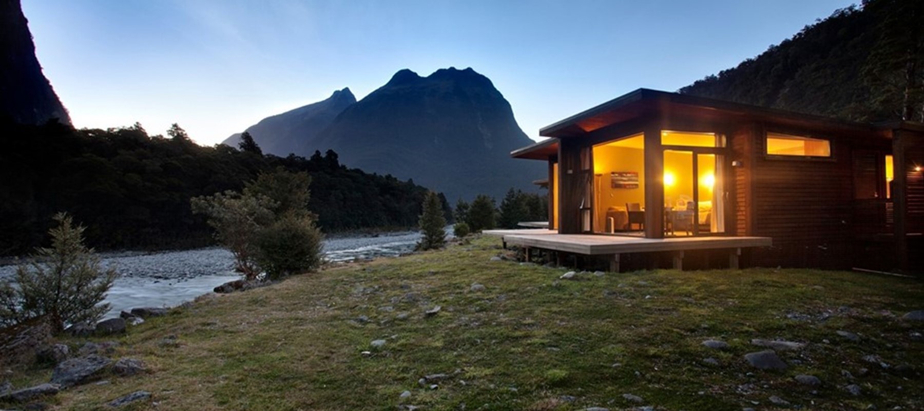 Milford Sound lodge at sunset 