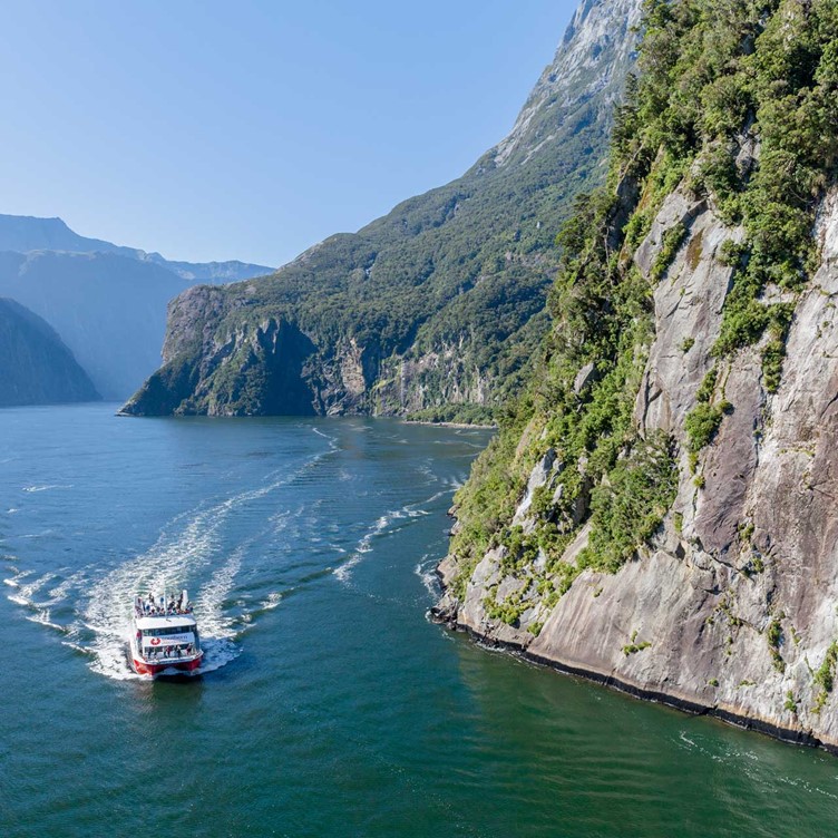 A Southern Discoveries boat churns water, taking tourists around the picturesque Milford Sounds.